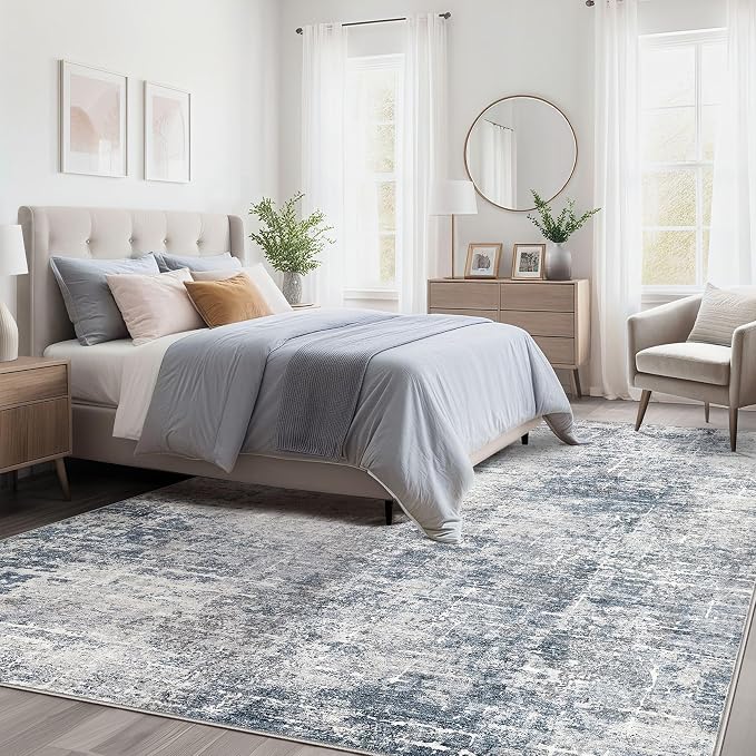 kakania Abstract 8x10 Area Rugs for Living Room: Washable Rugs Blue Grey | Soft, Non-Slip, Low-Pile, Pet & Kid Friendly - Large Modern Home Decor Carpet for Bedroom/Dining Room/Office/Nursery