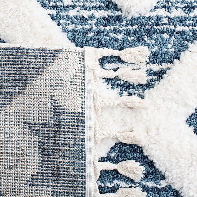 SAFAVIEH Moroccan Tassel Shag Collection Runner Rug - 2'3" x 8', Blue & Ivory, Boho Design, Non-Shedding & Easy Care, 2-inch Thick Ideal for High Traffic Areas in Living Room, Bedroom (MTS664M)