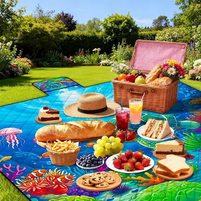 Poedist Extra Large Picnic Blanket Waterproof,80"x 80"Foldable Machine Washable Beach Blanket,Outdoor Blanket for 6-8 Adults, for Indoor Crawling,Park Beach,Camping,Hiking,Family Travel(Sea Turtle)