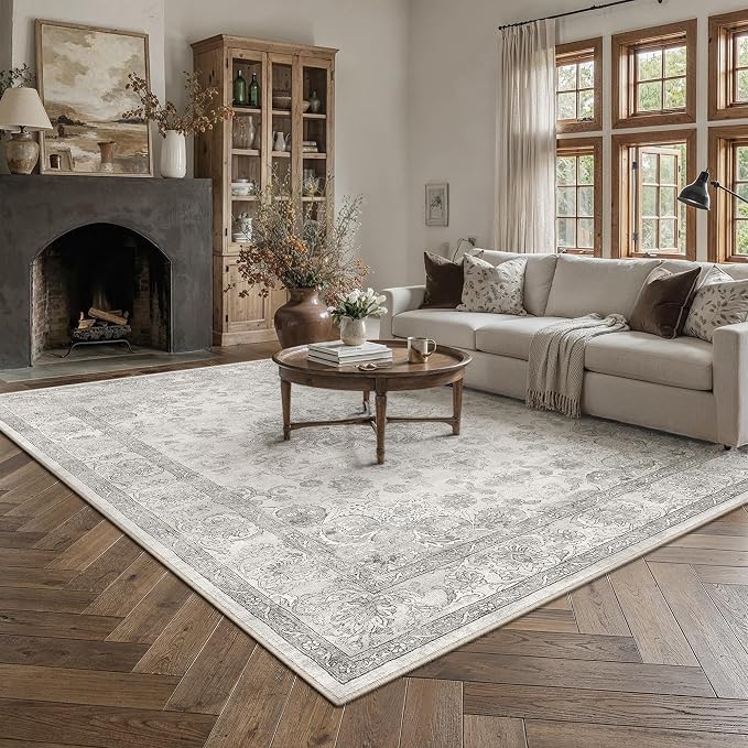 Gray 9x12 Washable Area Rug Living Room Vintage Distressed Carpet | Soft Low Pile, Non Slip, Stain Resistant, Traditional Retro Decor for Bedroom, Dining Room, Office, Kids Room