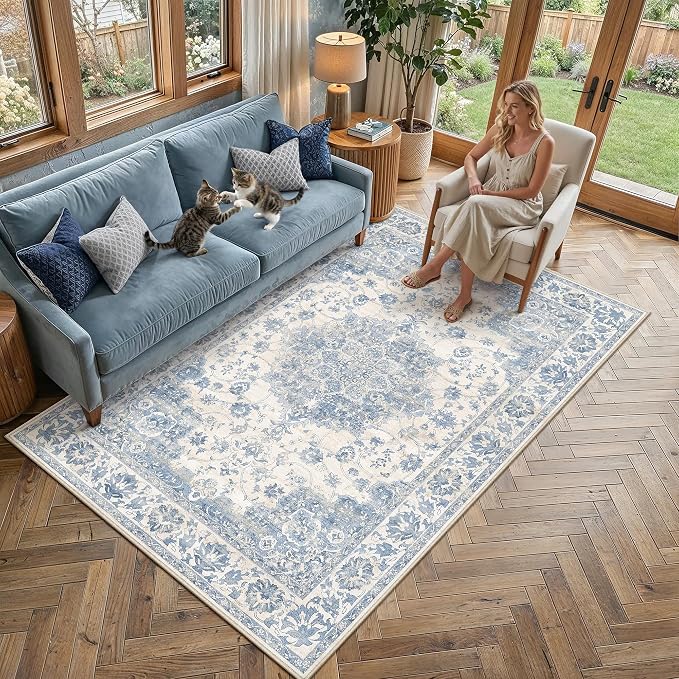 Blue Area Rug 5x7 Vintage Oriental Medallion Non-Slip Carpet | Machine Washable, Soft, Low Pile, for Living Room, Bedroom, Dining Room, Kids Room, Nursery, Office, Retro Neutral Decor