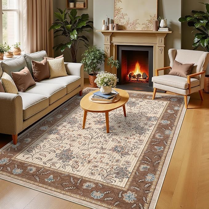 GarveeHome 5x7 Area Rug Brown Washable Rugs for Living Room Bedroom | Non Slip Soft Low Pile French Country Floor Mat Botanical Floral Print Throw Rug Indoor Carpet Dining Room Playroom