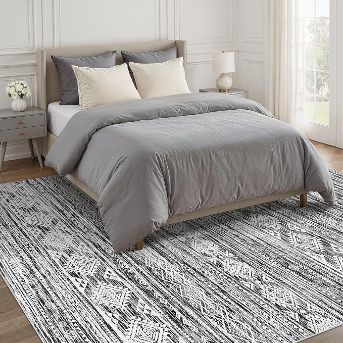 Nakagishi Boho 5x7 Area Rug Living Room Rugs Machine Washable Black White | Soft, Pet & Kid Friendly, Carpet for Living Room/Bedroom/Office/Kitchen/Nursery, Daily Home Decor Stain Resistant Moroccan