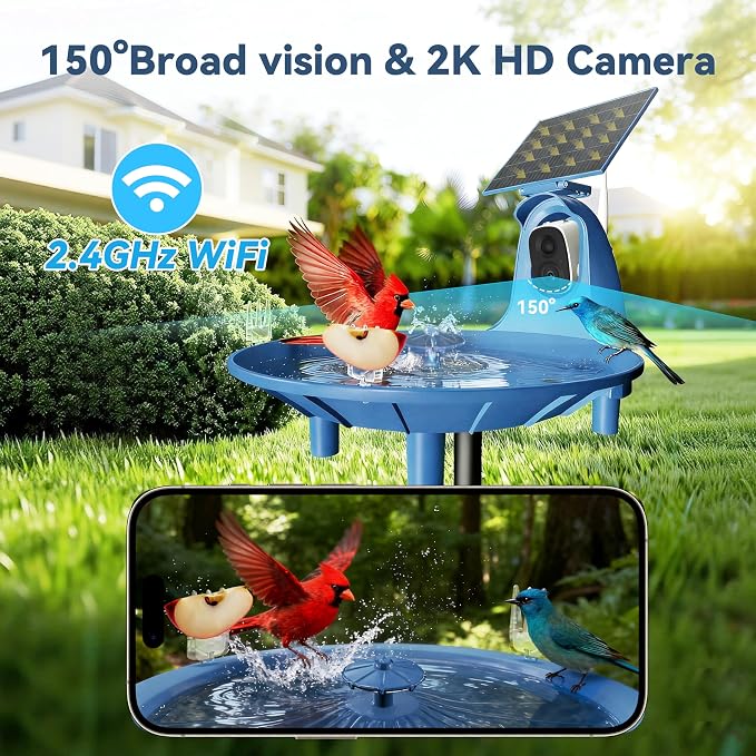 LongPlus Solar Powered Bird Bath Fountain with 2K Camera, Color Night Vision & AI Bird Identification, Outdoor Birdbath with Camera – Gift for Nature Lovers, Parents & Friends