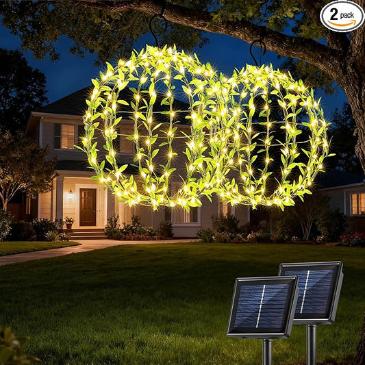 Joomer Solar Hanging Ball Lights Outdoor, 2-Pack 13in & 11in Total 264 LED Solar Globe Lights, 8 Modes Waterproof Metal Sphere Lights with Hooks for Patio Garden Decor - Warm White