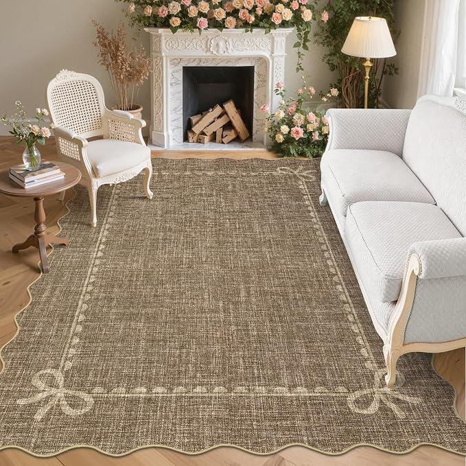GarveeHome Scalloped Bow Rug 8x10 Washable Brown Rug for Living Room | Non Slip Soft Low Pile Indoor Large Carpet for Nursery Girls Bedroom Decor Hallway Kids Room College Dorm Playroom