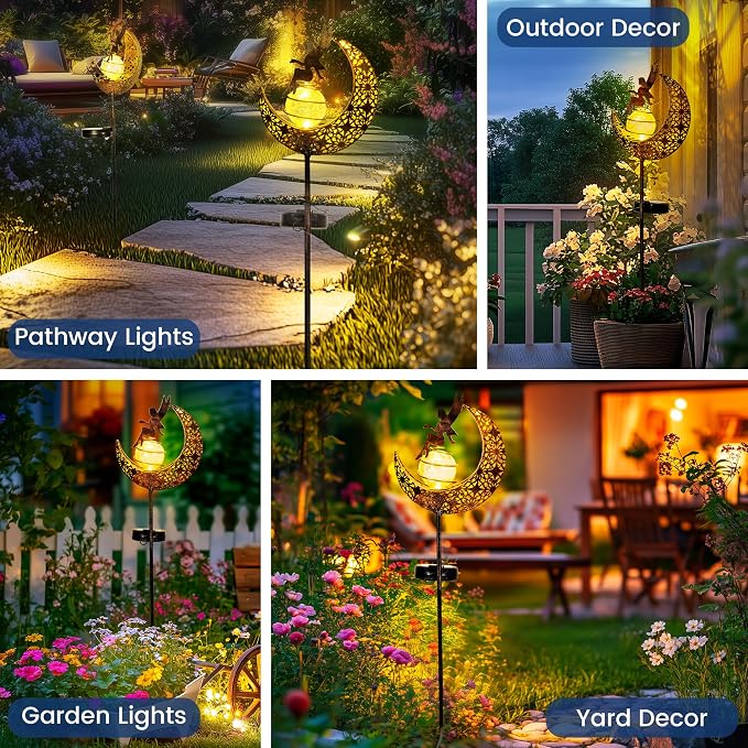 Fairy Garden Solar Lights Outdoor Decor, Moon Garden Stakes, Waterproof Outdoor Metal Decorations Gifts for Women and Mom, Art Moon Sculpture for Walkway, Yard, Patio, Garden and Porch, 1 Pack