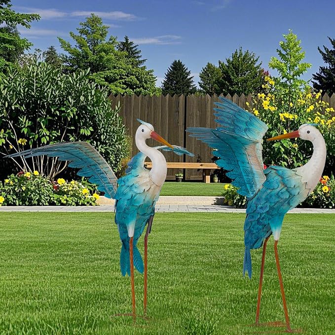 Natelf Garden Decor Blue Heron, Large Standing Metal Crane Garden Statue, Yard Art Lawn Ornaments for Yard Patio Porch Outside Decorations