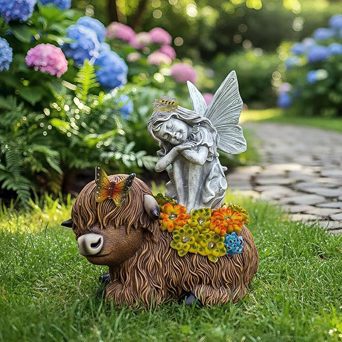 Angel Garden Decor Statue Solar Angel Sitting on Highland Cow Succulent Butterfly Bee LED Lights Outdoor Decorations for Yard Patio Housewarming Gift for Mom Women