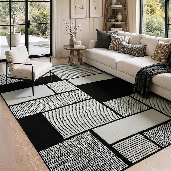 6x9 Black and White Area Rug, Washable Non Slip Living Room Carpet | Stain-resistant Low-pile Black and White Geometric Rug, Abstract Patchwork Carpet for Living Room Bedroom and Dining Room