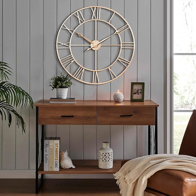CLXEAST Champagne Gold 30 Inch Wall Clock,Large Modern Metal Roman Numeral Wall Clocks Living Room Decor,House Warming Gifts New Home