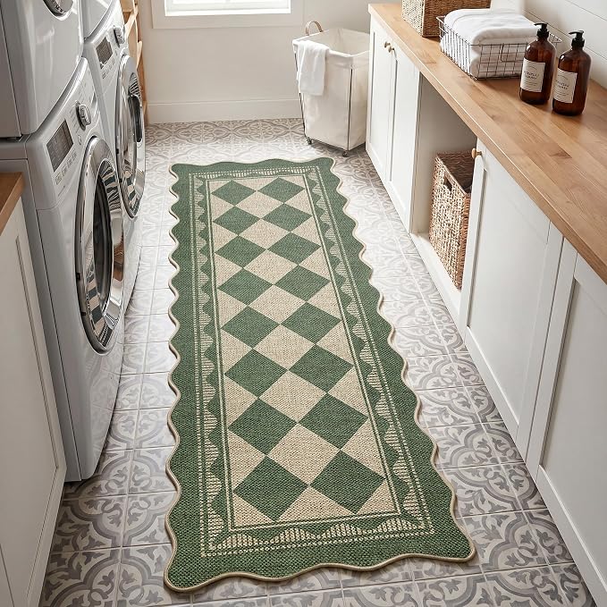 Garvee Easy Jute 2x6 Scalloped Kitchen Rugs Washable Rugs，Green | Indoor Outdoor Washable Rugs for Living Room Low Pile Floor Cover for Entryway Stain Resistant Indoor Carpet for Hallway