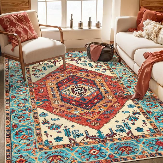 SERISSA 4x6 Washable Non Slip Boho Area Rug for Bedroom，Orange | Ultra Soft Vintage Oriental Carpet Low-Pile Distressed Tribal Throw Carpet for Entry Living Room Nursery Kitchen Dorm Decor