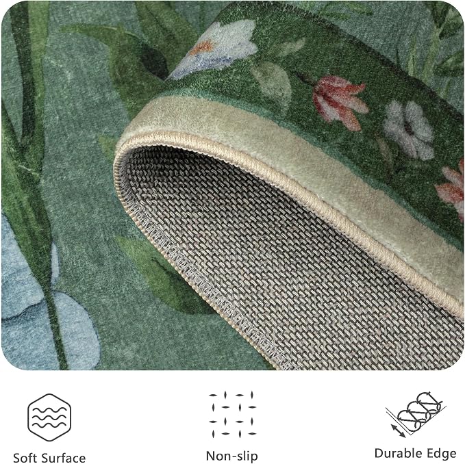 5x7 Area Rugs, Rug for Bedroom, Indoor Non-Slip Washable Rugs for Living Room, Dining Room, Low Pile Home Decor Floral Rug(Green)