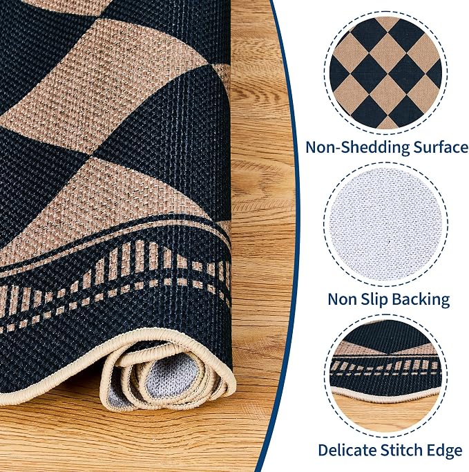 Garvee Easy Jute 5x7 Area Rugs Scalloped Border Washable Rugs，Black/Coffee | Indoor Outdoor Rugs for Living Room Soft Rug for Bedroom Non Slip Nursery Rug Stain Resistant Floor Cover for Dining Room