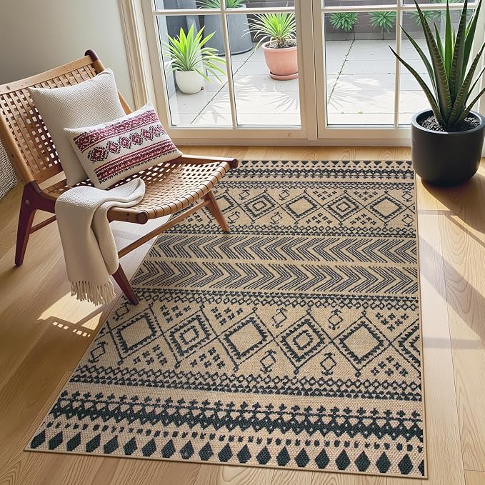 Lahome Boho 3x5 Entryway Front Porch Rug, Black Washable Outdoor Patio Rug | Distressed Print Geometric Low Pile Front Door Carpet for Front Door Balcony