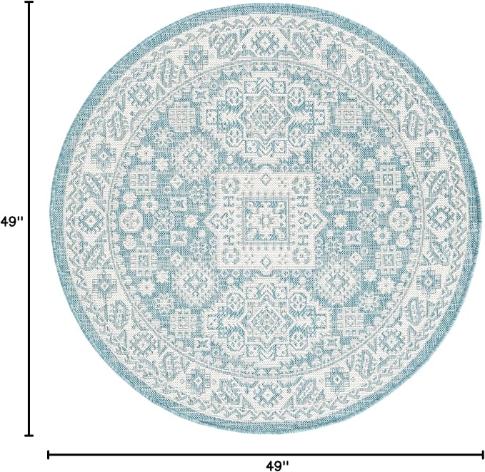 Unique Loom Outdoor Aztec Collection Area Rug - Chalca (4' 1" Round, Aqua/ Ivory)