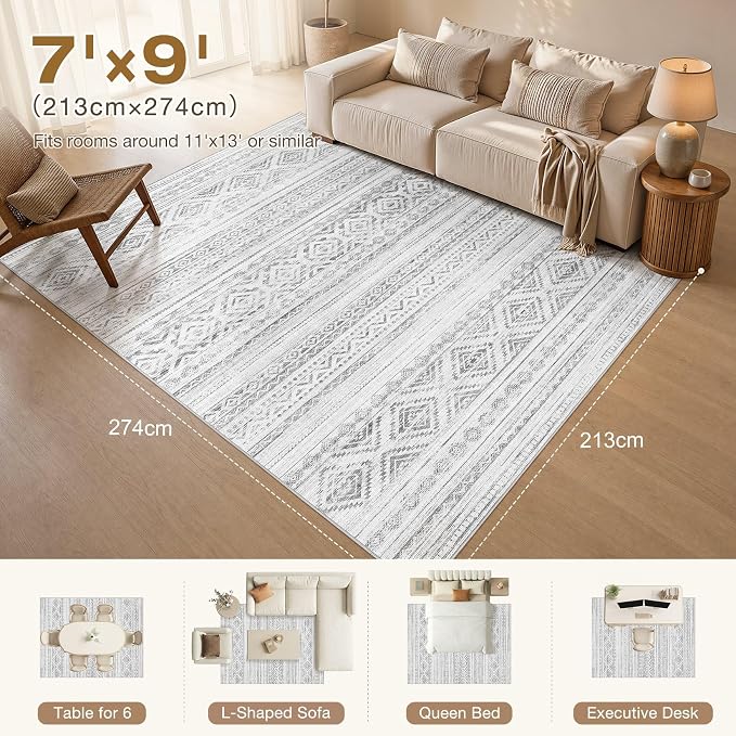 cotiled Boho 7x9 Area Rug for Living Room: Large Moroccan Washable Rug | Solve Modern Neutral Trendy Home Decor - Stain Resistan Indoor Carpet for Bedroom Dining Room Light Grey
