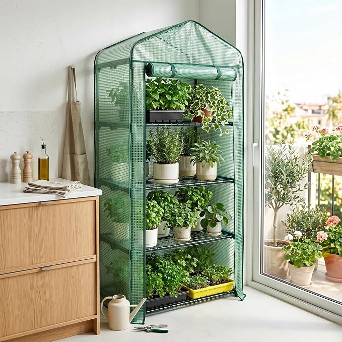 Worth Garden 4 Tier Mini Greenhouse - 63'' H x 27'' L x 19'' W - Sturdy Portable Gardening Shelves with Durable PE Cover w/ Roll-Up Zipper Door- Small Green House Indoor & Outdoor for Plants Flowers