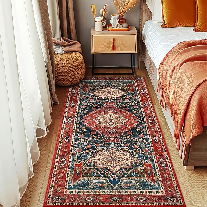 YJ.GWL 2x6 Rug Runners for Hallways, Non Slip Kitchen Washable Long Runner Rugs, Soft Floral Vintage Carpet Runner for Livingroom Bedroom Bathroom Entryway, Orange-Red