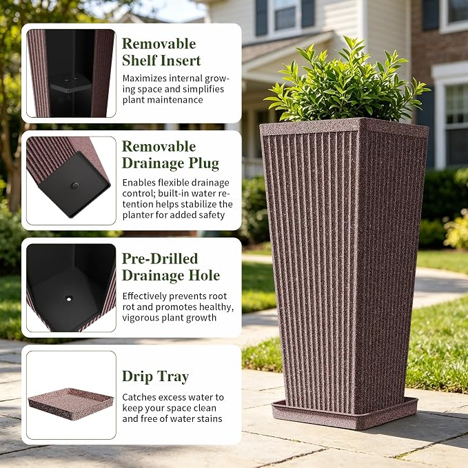 Taper Tall Planters for Outdoor Plants Set of 2, 24 Inch Faux Stone Large Outdoor Planters for Porch with Drainage Tray Saucers & Holes, Fluted Tall Indoor Flower Pots for Patio Balcony, Brown