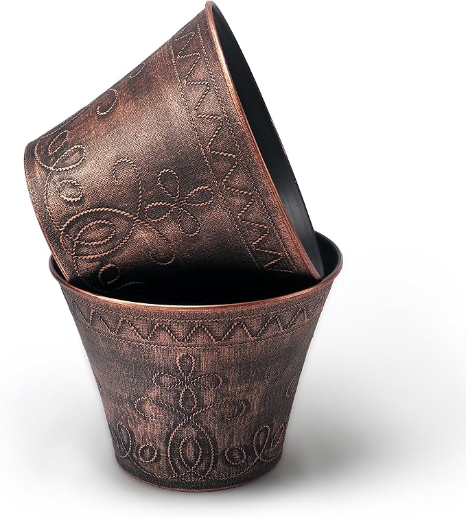 Large Fancy Decorative Planter (2 Pack) Rustic French Country Look Flowerpot Nursery Pot for Indoor, Outdoor, Garden, Patio, Office, Home Decor Use. Long Lasting, Reusable Light Weight (Copper-L)