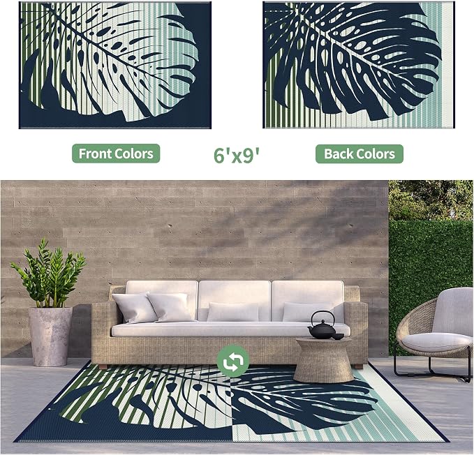 GENIMO Outdoor Rug 6' x 9' Waterproof for Patio Clearance, Reversible Plastic Straw Camping Mat, Lightweight Carpet for Rv, Camper, Deck, Porch, Picnic, Balcony, Beach, J.Blue & Green
