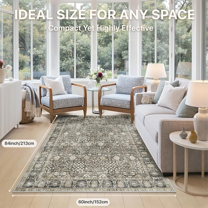 Area Rugs for Living Room, 5x7 Washable Rug Non-Slip Washable，Ultra-Thin Aesthetic Boho Rug for Bedroom Dinning Room Office,Beige/Brown