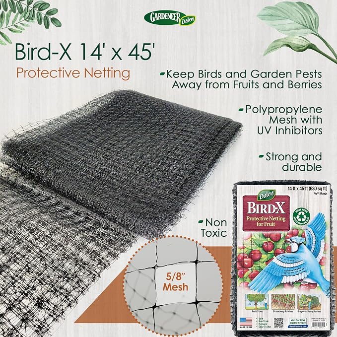 Dalen Bird-X Protective Mesh Netting for Fruit Trees, Berries, Vegetables - 14 ft x 45 ft, Black Garden Netting, 5/8-inch Mesh - Helps Deter Birds & Garden Pests, Made of Weather-Resistant Plastic