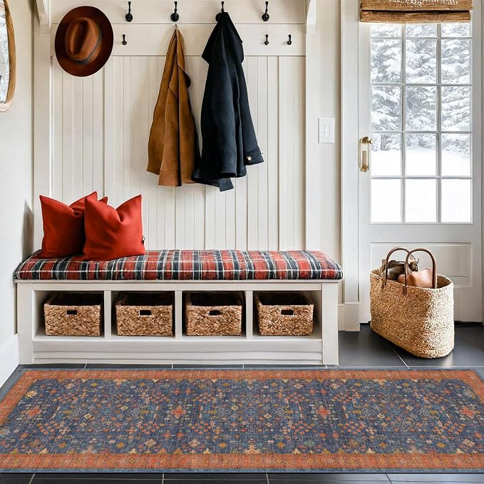 Navy Blue Washable Hallway Runner Rug 2x10 Non Slip Rugs for Kitchen, Mudroom, Bathroom, Hall Way - 10 ft Long Dark Boho Geometric Decor, Fade & Stain Resistance