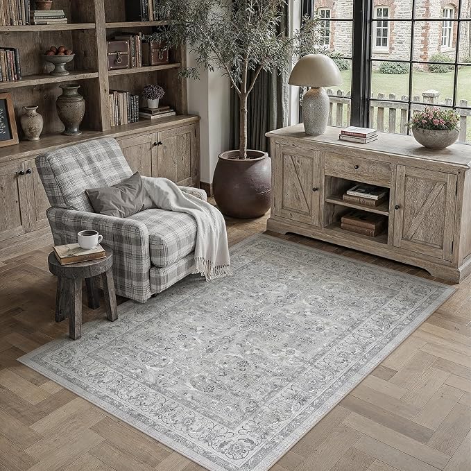 Gray 3x5 Washable Area Rug Bedroom Vintage Distressed Carpet | Soft Low Pile, Non Slip, Stain Resistant for Kitchen, Bathroom, Living Room, Office, Retro Accent Decor