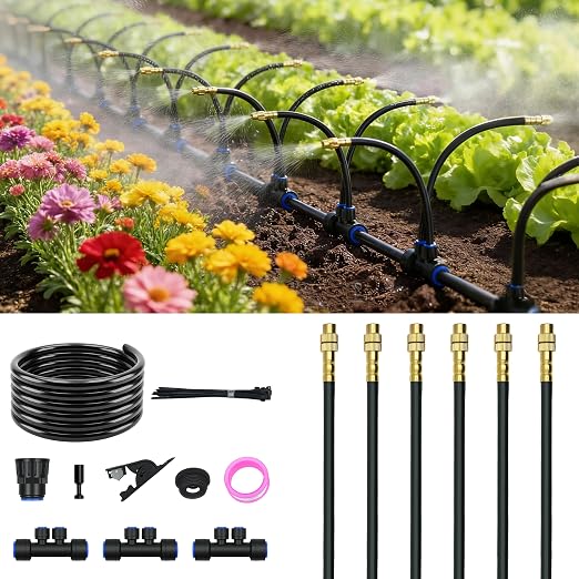 Drip Irrigation System for Garden, Automatic Watering System with Adjustable 360° Copper Spray Nozzles, DIY Drip Irrigation Kit for Yard, Lawn, Greenhouse, Raised Beds & Potted Plants (20FT)