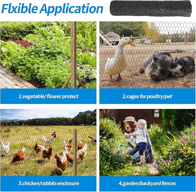 12'' x 50' Black Chicken Wire Fencing, 1 inch Chicken Wire and 19 Gauge Poultry Netting, Garden Mesh Fence Roll for Floral Arrangements/Crafts/Farm/Livestock/Pet Protection