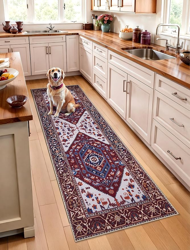 SERISSA 2x6 Washable Non Slip Boho Runner Rug for Hallway | Ultra Soft Vintage Oriental Carpet Low-Pile Burgundy Navy Floor Carpet for Kitchen Bedroom Bathroom Laundry Living Room