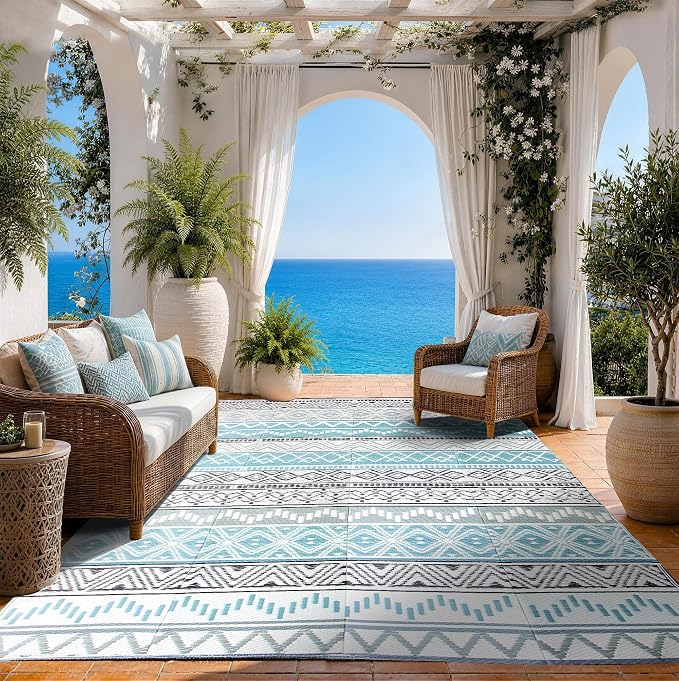 Outdoor Rug 9 x 12 ft, Reversible Plastic Straw Rug for Patio, Waterproof Large Outdoor Carpet for RV, Patio, Camping, Backyard, Deck, Picnic, Beach, Blue & Grey