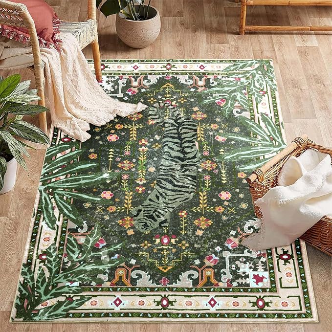 Oriental Tropical Washable Rugs, Greyish Green Boho Vintage Hippie 5x7 Area Rugs for Living Room Bedroom Kitchen Entryway Dorm, Abstract Botanical Animal Tribal Indian Accent Carpet