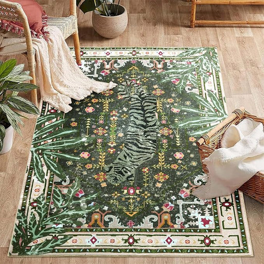 Oriental Tropical Washable Rugs, Greyish Green Boho Vintage Distressed Hippie 4x6 Area Rugs for Living Room Bedroom Kitchen Entryway Dorm, Abstract Botanical Animal Tribal Accent Carpet