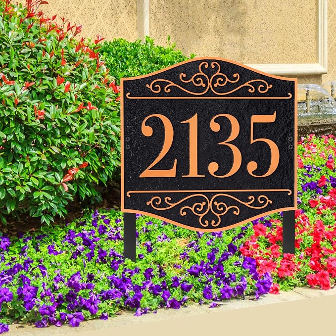Personalized Lawn Address Sign - Custom Address Plaque,House Number Sign Plaque,House Numbers for Outside Lawn,Ground,Yard,Garden (Black/Red Copper)