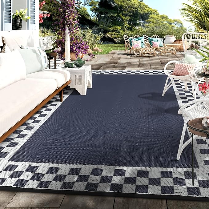 Outdoor Rug 8x10 Waterproof Patio Rugs Modern Geometric Border Reversible Mat for Front Door Rv Foldable Plastic Straw Carpet for Travel Trailers, Deck, Porch, Camper, Balcony, Beach，Blue