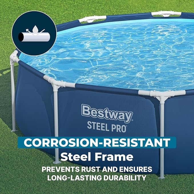 Bestway Steel Pro 10' x 30" Above Ground Swimming Pool Set with Pump | Durable Round Metal Frame Outdoor Backyard Pool, Puncture-Resistant Liner - Type I Filter Cartridge Included, Blue