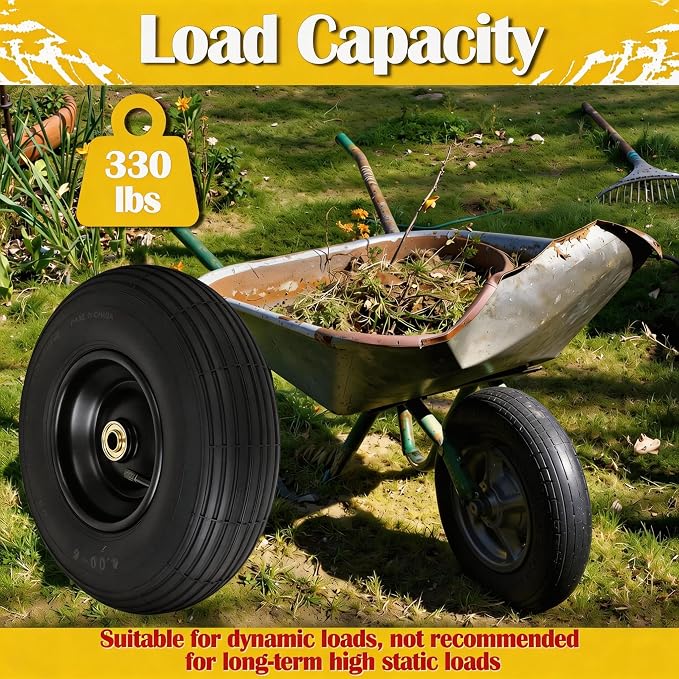 4.00-6 Pneumatic Tire, 13'' Tire and Wheel 330LB Load Capacity, 5/8” & 3/4” Bearings Included, 3.74"-4.74"-6.74"-7.74" Adjustable Centered Hub, for G orilla Carts, Dolly, Hand Trucks, 2 Pack