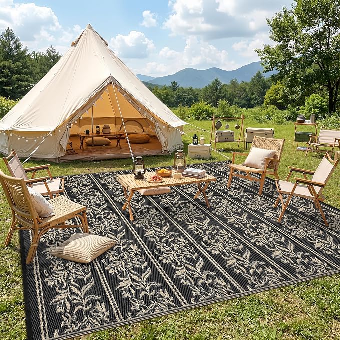 Garvee Outdoor Rugs 9x12 Waterproof Reversible Mat Boho Leaf Patio Rug with 4 Stakes and Starage Bag, Large Outdoor RV Mat Rugs for Camping, Picnic, Balcony, Deck, Backyard, Black & Brown