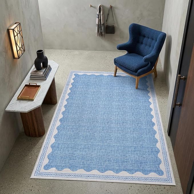 GarveeHome 4 x 6 Rug Non-Slip Washable Low-Pile Carpet - Scalloped Solid Blue Modern Minimalism Rugs for Bedroom Living Room Nursery Kitchen Entryway Indoor Mat with Rubber Back