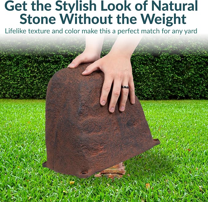 Sunnydaze 11” H Small Faux Landscape Rock Cover - Lightweight Polyresin Fake Rock Well Pump Cover for Outside – Realistic Natural Texture – Brown - Set of 2