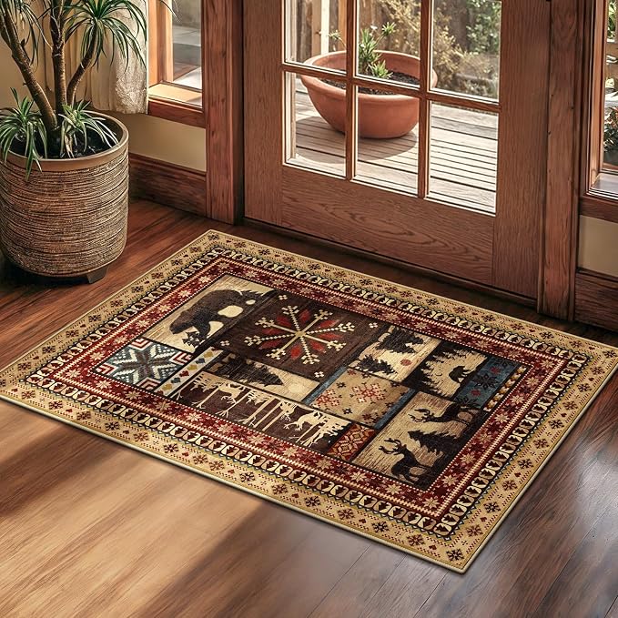 LOKHOM 2x3 Rustic Cabin Area Rug, Washable Western Lodge Bear Entryway Rug | Bear Pattern, Non-Slip, Low Pile Soft Doormat, Vintage Wildlife Accent Carpet Rug, For Living Room Bedroom Kitchen Entryway