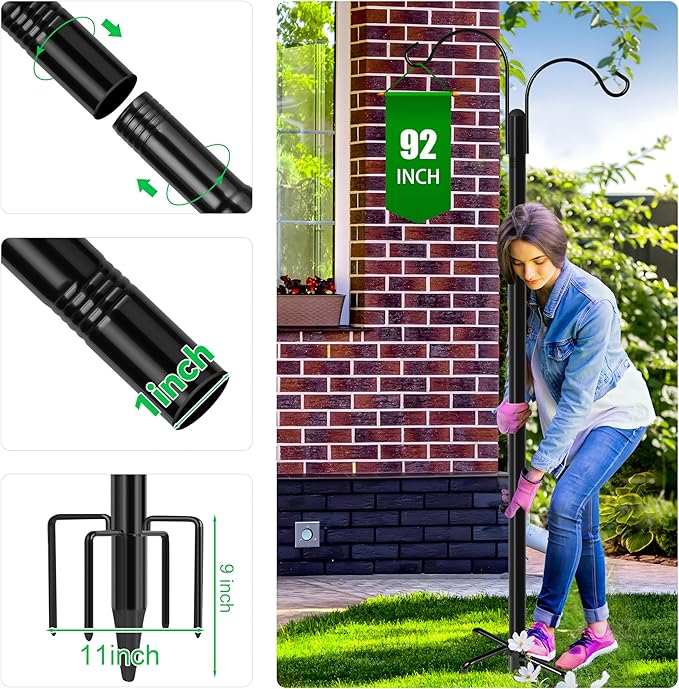 XDW-GIFTS Double Shepherds Hooks for Outdoor, 2-Pack Heavy Duty Garden Pole for Hanging Bird Feeder, Plant Baskets, Solar Light Lanterns, Garden Plant Hanger Stands with 5 Base Prongs