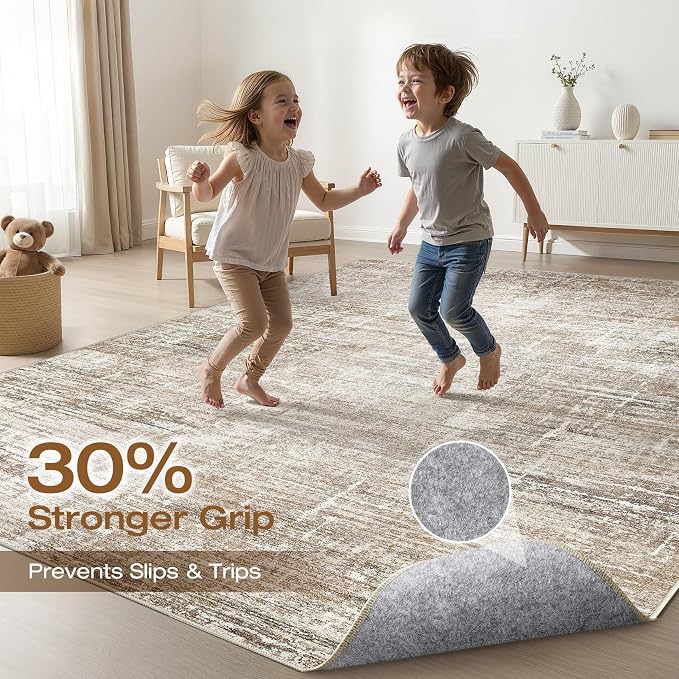 LOONGRUG 9x12 Area Rug Washable Neutral Modern Living Room Rug Dark Brown | Abstract Soft Stain Resistant Indoor Non-Slip Carpet for Bedroom Nursery Kids Office Playroom Dining Room