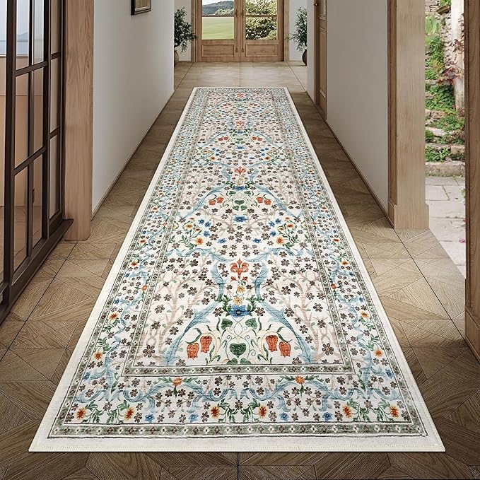 GarveeHome Floral Hallway Runner Rug, 2.5x8 Kitchen Runner Rugs, Washable Non Slip Entryway Rugs Indoor, Ultra-Thin Stain Resistant Carpet Floor Mat for Laundry Room, Beige
