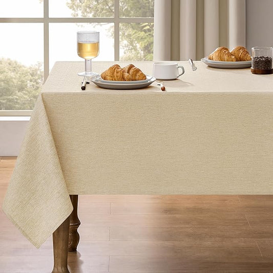 Decorelia Faux Linen Farmhouse Table Cloth 60"x144" for 10 ft Rectangle Table, Beige Waterproof Outdoor Washable Cloth Tablecloth for Rectangular Dining Room Kitchen Outdoor Party Restaurant Table