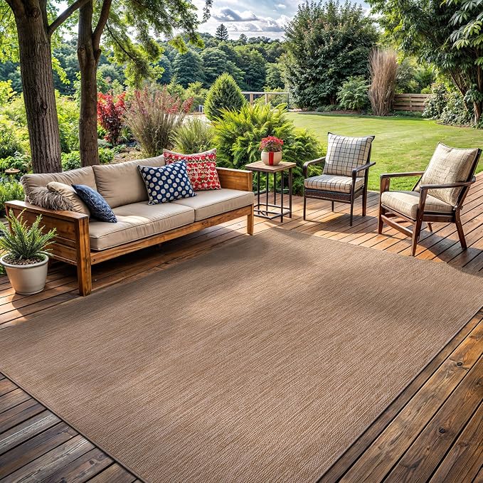 Washable Indoor Outdoor Rug 10x14 Weather Resistant Area Rugs Modern Solid Jute Rug for Porch Deck Balcony Backyard Patio Outside Carpet (10 X 14 Jute Beige)